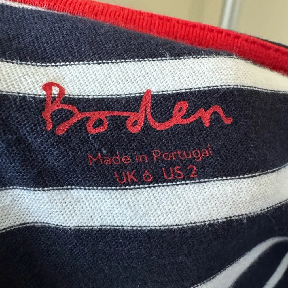 Boden Size 2 Long Sleeve T-Shirt Navy Blue‎ White Stripe Ruffles Scoop Neck Top - Picture 3 of 5
